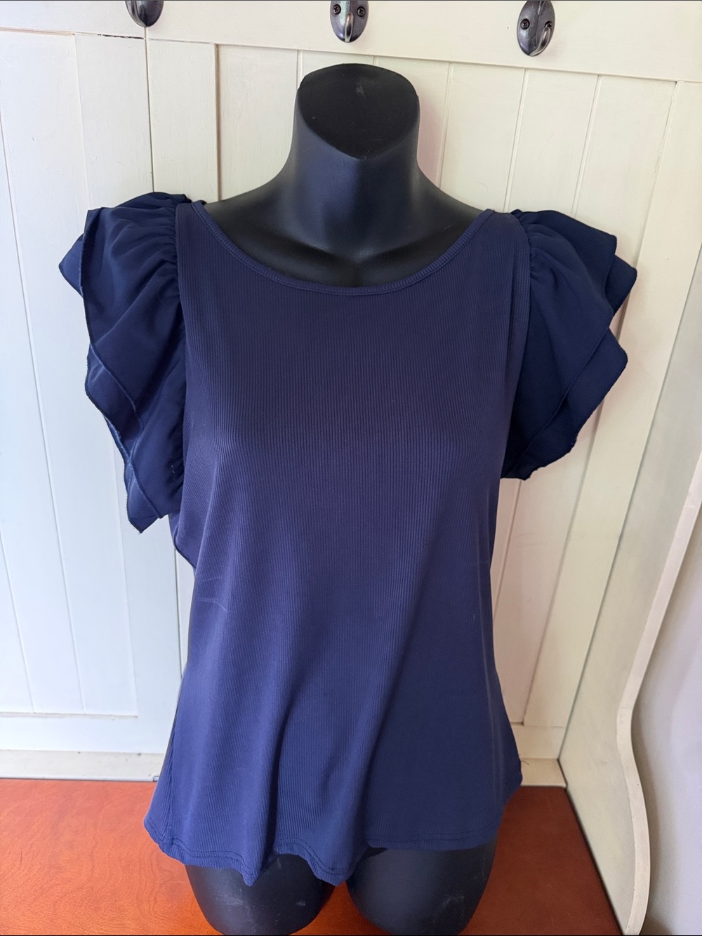 Flutter Sleeve Navy Women's Blouse - Elegant Ruffle Top